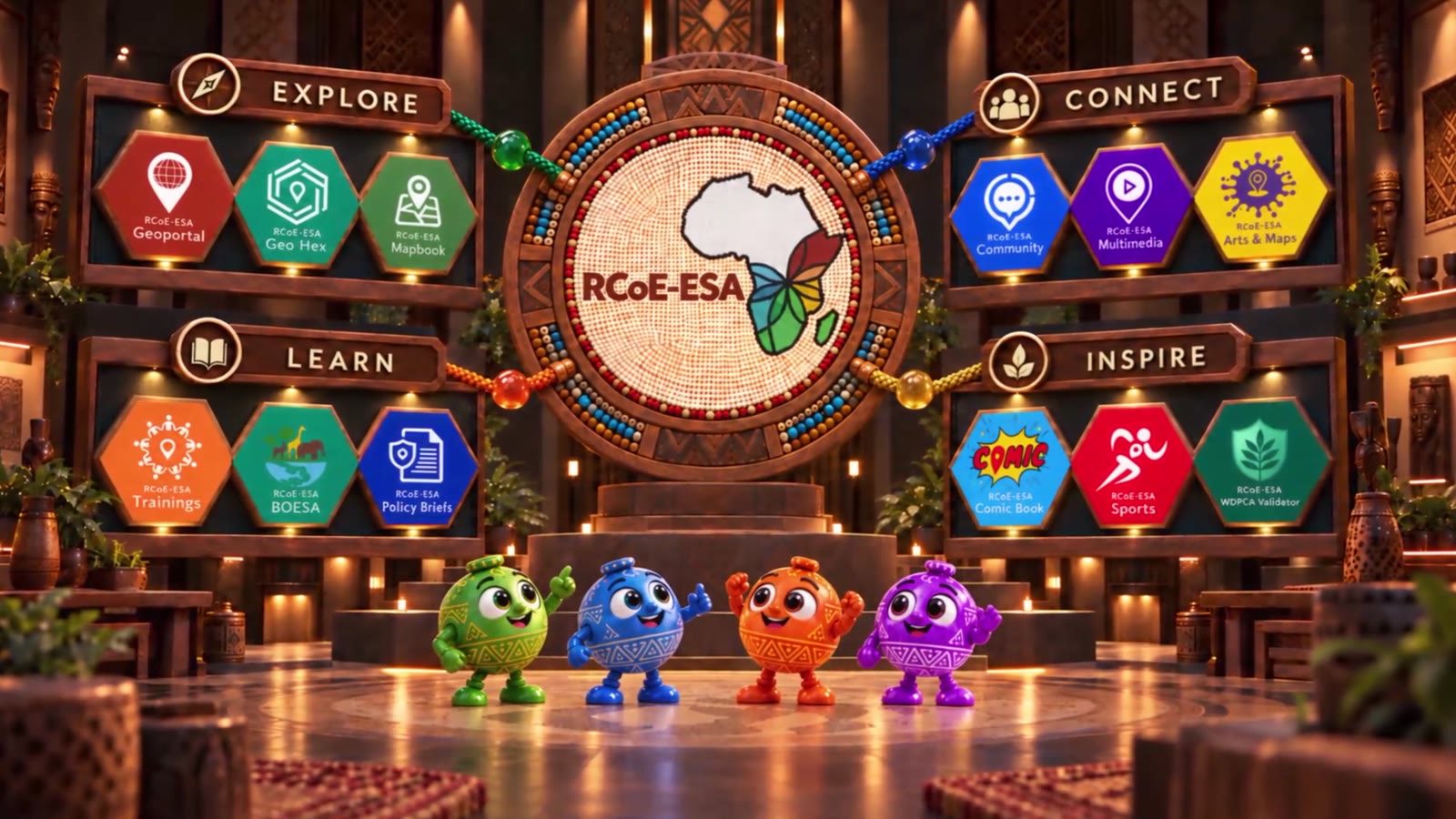 The RCoE-ESA mascots in front of the RCoE hub