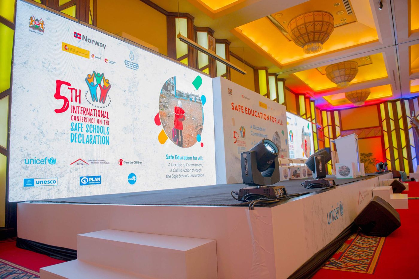 LED wall, stage and moving-head lights set for a conference